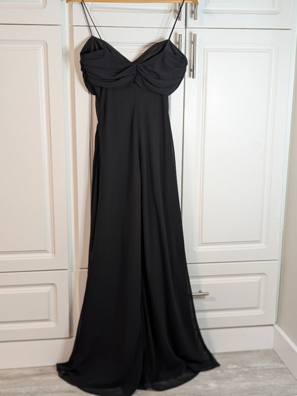 Sweetheart Ruched Empire Chiffon Maxi Gown Black L Rhinestone Formal Vintage Y2K - Picture 6 of 14